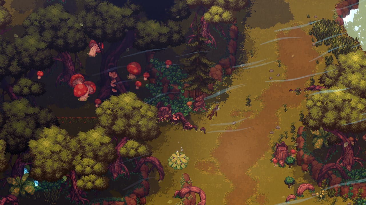 Dimraeth overworld screenshot showing Mirkea forests, weather, and exploration routes